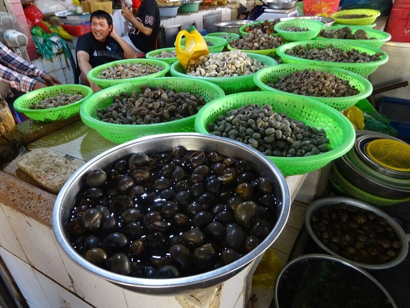 市場に並ぶ多種多様な貝類。日本では嫌われ者のジャンボタニシ（手前）も普通に売られている