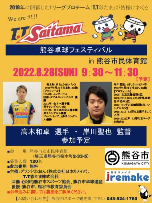 グランドわおんとTリーグプロチーム「T.T彩たま」が熊谷卓球フェスティバルを開催！