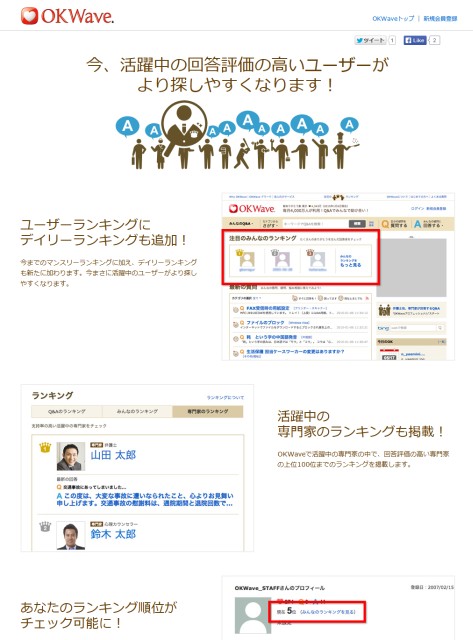 Q&Aサイト「OKWave」にてユーザーランキングを新設