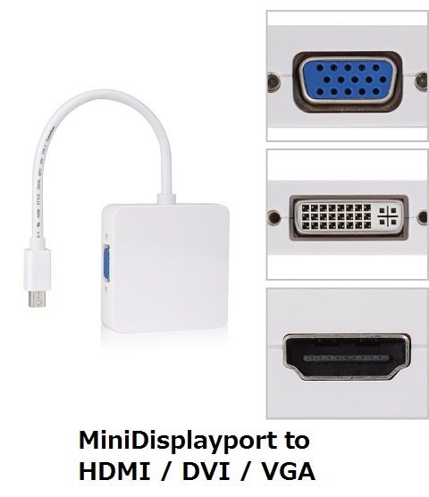 MiniDisplayport to HDMI/DVI/VGA 変換アダプタ 3in1