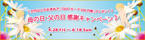 キャメロン＆ガブリエル「QUOカードプレゼント♪ 母の日・父の日 感謝キャンペーン♪」のご案内