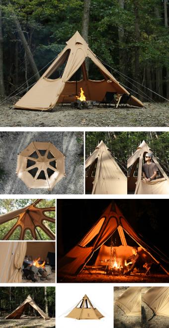 縁起物テントで、見通しも風通しもよいキャンプ初め！中で焚き火可能な穴だらけの「レンコンテント」発売。