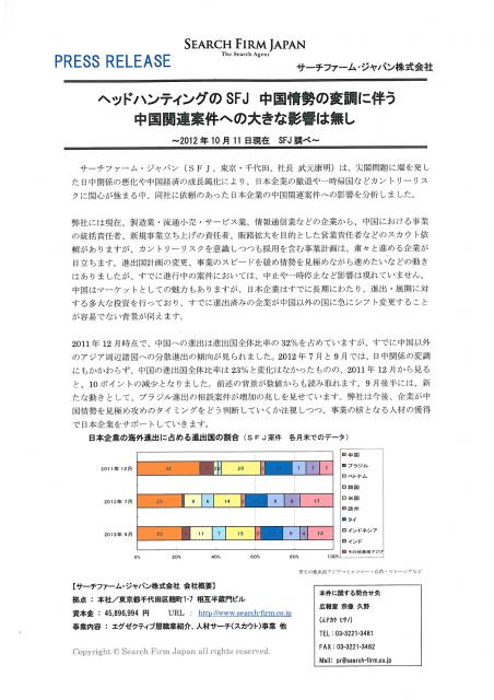 中国情勢の変調に伴う 中国関連案件への大きな影響は無し～2012年10月11日現在 SFJ調べ～