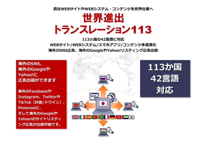 貴社サイトやシステムを世界仕様に完全翻訳! 海外SNS/リスティングもOK! 113か国42言語対応